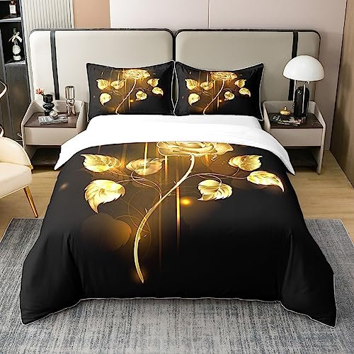 Homemissing Rose 100% Coton Housse de Couette 200x200cm Or Rose Fleur Coton Ensemble de Housse de Couette Jardin Fleur Parure de lit Romantique lettrés Ensemble Valentine Or Noir lettrés