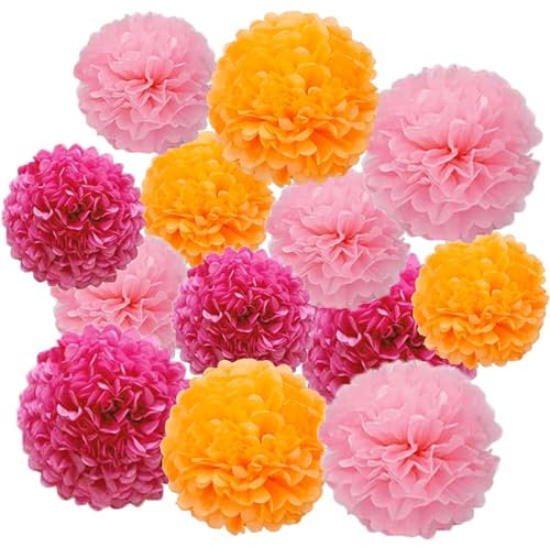 Pink and Orange Tissue Paper Pom Poms Hanging Party Decorations for Birthday Wedding (12pcs)