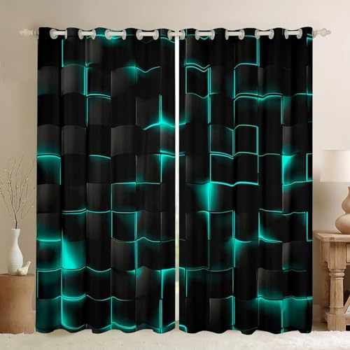 Homemissing Teal Blau und Schwarz Fenstervorhang 175x140cm Kinder Licht Geometrisch Blickdichte Vorhänge für Jungs Geometrie Vorhänge Modern Stil Gardinen für Schlafzimmer Wohnzimmer