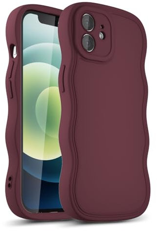 LoeoeL Girly Case for iPhone 12 Silicone, Wavy 12 Phone Case for Women, Curly Wave Cute Y2k Ripple Aesthetic Design, Slim Soft Rubber Jelly Camera Protection Case, Burgundy Wine Red
