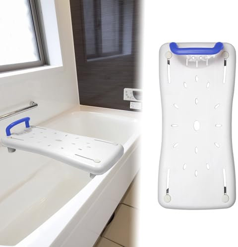 LZQ Badewannenbrett 70cm lang Badewannensitz Senioren mit Blau Griff und Seifenablage, Einstellbar Wannensitz Sitzbrett für Badewanne für Erwachsene bis max.150kg