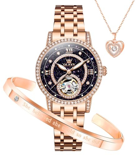 OLEVS Automatic Womens Watches Mechanical Diamond Skeleton Luxury Dress Rose Gold Stainless Steel Waterproof Luminous Ladies Wrist Watches Gift Set