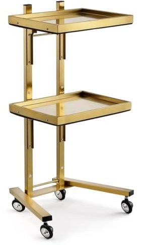 Rollwagen aus Metall mit 2 Etagen, Salon-Tablett auf Rädern, faltbarer Salon-Tablett, Rollwagen, Kosmetiker-Wagen für Salons, Studios, Geschäfte (Gold)