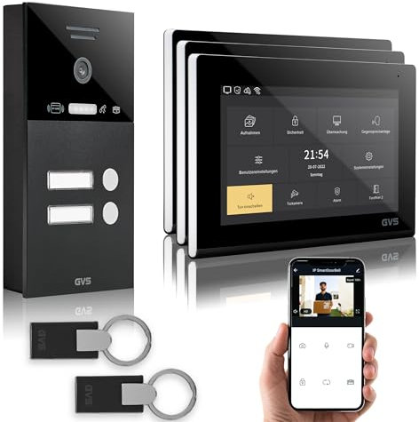 GVS - IP Video Türsprechanlage 2-Familienhaus mit Türöffner (RFID), HD Kamera, 3x7 Zoll Monitor & App - Smarte Video Türklingel mit Kamera & Gegensprechanlage (AVS4289A)