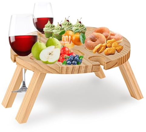 YYTECH Klappbarer Picknicktisch aus Holz, Faltbarer Picknicktisch, Picknick Tisch mit Rotweinglashalter und Dimsum Teller, Klappbare Weintisch für Garten Reisen Camping Picknick Strand