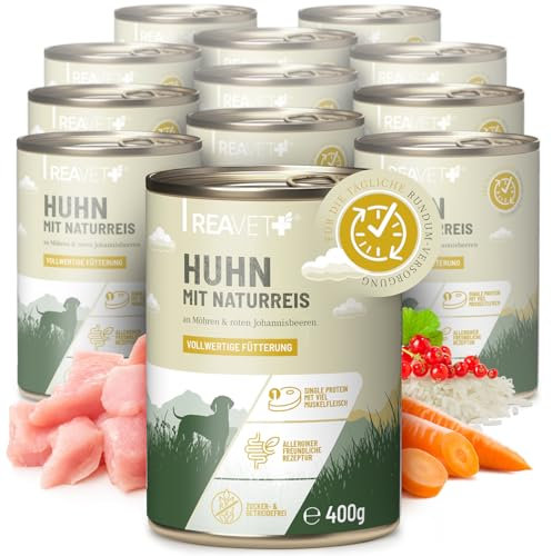 ReaVET Premium Hunde Nassfutter - Huhn an Naturreis & Möhren 12 x 400g I mit hohem Fleischanteil & viel Muskelfleisch, Glutenfrei, Hundefutter nass, ohne Zucker
