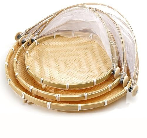 Colliers de serrage pour câbles métalliques Lot de 3 paniers ronds en bambou avec couvercle Panier de pique-nique avec panier à nourriture en gaze de bambou tressé avec couvercle en maille de protecti