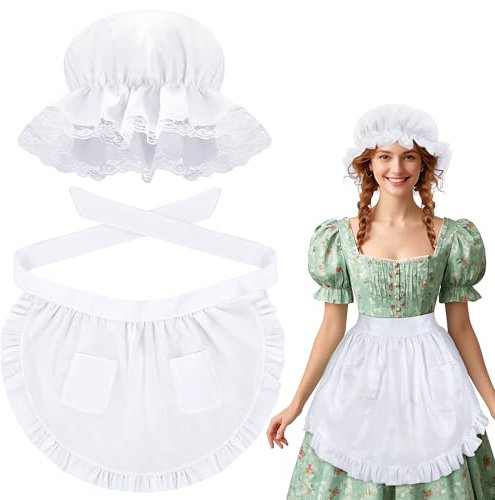Horolam Colonial Set for Women, Victorian Mop Hat with Lace Trim Ruffle Waist Apron for Maid Girls Women for Halloween Cosplay