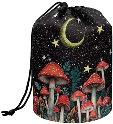 Wnbucioht Mushroom Drawstring Make up Bag for Womens Large Travel Cosmetic Bag Pouch Mushroom Gifts for Women Open Flat Toiletry Bag Makeup Pouch Storage Organiser Toiletries Organizer