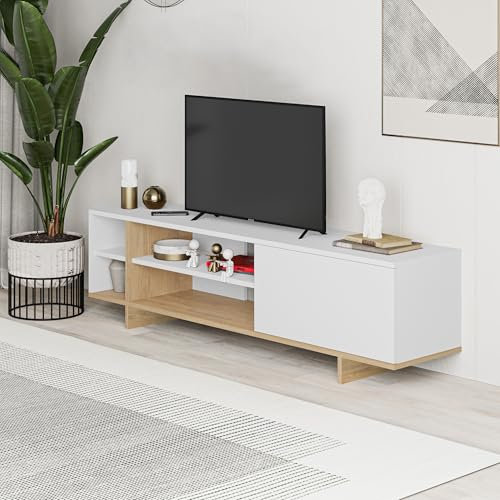 HOCUS PICUS TV Stand Cabinet for 65 Inch TVs, 160cm TV Unit Entertainment Center with 1-door Storage Cabinet, Open Shelves TV Console for Living Room, Bedroom (White, Oak)