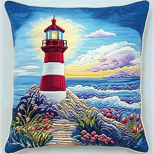 NAHUIGOOD Punto Croce Cuscino Kit Fiori Del Faro 45X45Cm Kit Per Punto Croce Cuscino - Tela Stampata -