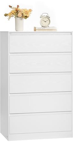VASAGLE Colección Kailyn - Cómoda de 5 Cajones para Dormitorio, Armario de Almacenamiento, Mueble para Ropa, 40 x 60 x 97,4 cm, Estilo Moderno, Blanco Nieve LTS605WE01V1