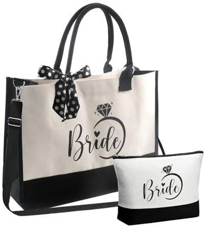 UCFBWO Braut Geschenke Leinwand Tote Bag mit Make-up Tasche und Band Braut Tasche Geschenk für Brautdusche Junggesellenabschied Hochzeit Team Bride JGA Accessoires