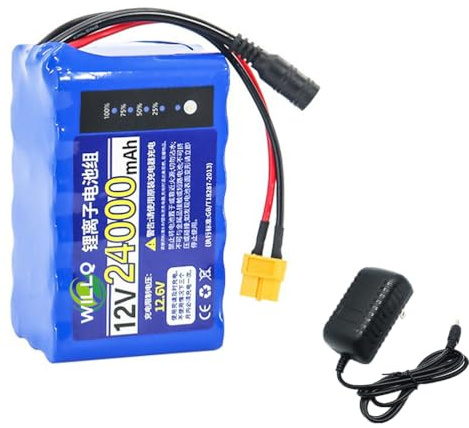 WILLQ 12 Volt wiederaufladbarer RC-Nestboot-Akku, 12V 18Ah 22Ah 24Ah 30Ah Li-Ionen-Akku mit LED-Anzeigeleuchte + Ladegerät für RC-Fischernetz-Boot-Ersatzteile,12v 24000mah+Charger
