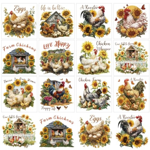 GOMAKERER 12 Blatt Hühner Abziehbilder Zum Aufreiben Für Bastelarbeiten Und Möbel Vintage Bauernhof Rub Auf Transfer Aufkleber Sonnenblumen Aufkleber Für DIY Handwerk Home Fenster Dekor