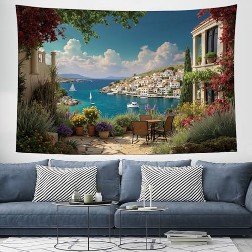 DLERFLOVR Wandteppich Griechische Inseln TapisserieAntikes Griechisches Stadtbild Wandbehang Smaragdgrün Wandkunst Dekore Wandteppich für Kinderzimmer Schlafzimmer Wohnheim Wanddeko, 150x200 cm