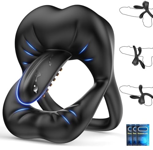 Anillo Vibradorador Pene Clítoris con Lengua Estimuladora Ajustable 360° | Juguetes Eróticos para Pareja Sexuales Doble Anillo Vibrador Pene, Masculino Ereccion Juguetes Sexuales Hombre Sex Toys