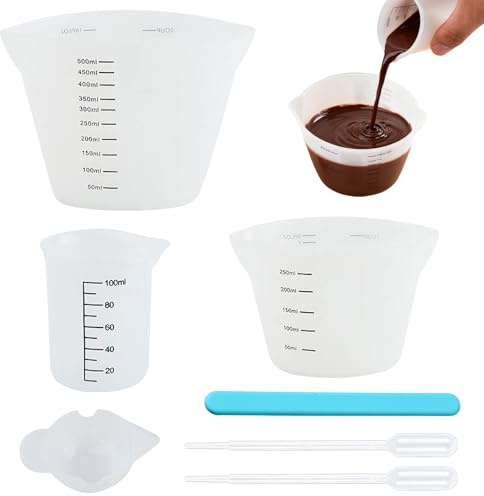 7 Pcs Silikon Messbecher Set für Epoxidharz, 500ml 250ml 100ml 10ml Silikonbecher Zum Gießen mit Rührer und Tropfer, Leicht Reinigen Messbecher Silikon Epoxidharz Zubehör für DIY Basteln Labor Küche