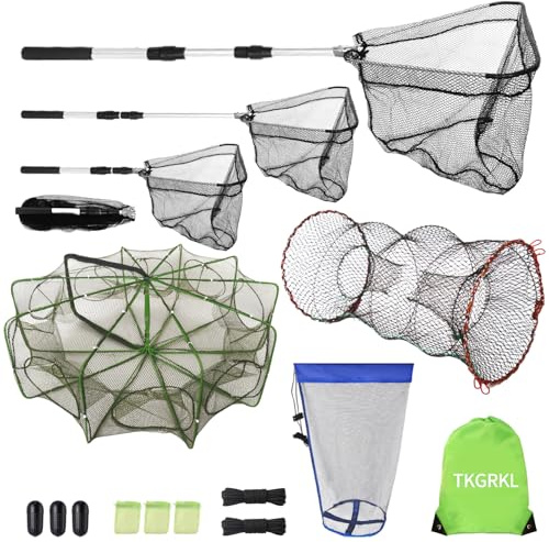 32*10in Folded Fish Trap and 24*12in Crab Trap, 10 Holes 10 Sides Foldable Minnow Trap with Portable Folded Crawfish Trap, Large Size Fish Basket and Adjustable Size Fishing Net with Handle