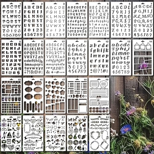 24 Stück Schablonen Set Buchstaben Zahlen Symbole Wiederverwendbare Zeichenschablonen für Bullet Journal Scrapbooking Tagebuch Kalender DIY 17,8 x 10,1 cm