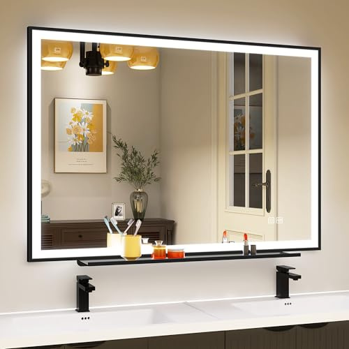 STARLEAD 100x70cm Miroir-Salle-de-Bain-avec-Eclairage-et-Tablette, Cadre en Aluminium Noir, Anti-Buée Miroir-LED-Salle-de-Bain, 3 Couleurs Réglables, Verre Trempé, IP44, Horizontal/Vertical