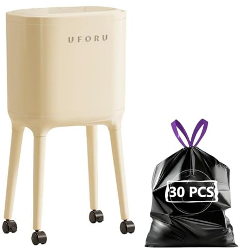 Kallwong High-Legged Trash Can with Lid, 4 Gallon Modern Small Garbage Bin with Wheels, Removable Inner Bucket, Beige, Includes 30 Garbage Bags