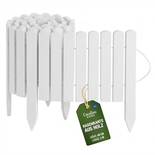 Creative Home Rasenkante Beeteinfassung Holz 200 x 40 cm (L x H) Weiß | Flexible Beetumrandung 40 cm hoch Gartenzaun zum Stecken | Ideal als Beetbegrenzung, Holzzaun, Deko Zaun, Mähkante, Beetzaun