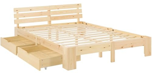 Homestyle4u Holzbett 140x200 mit Matratze Lattenrost 2 Schubladen Bett mit Bettkasten Natur Holz massiv Queen Size Bed Kiefer Bettgestell Futonbett, 3204