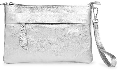 Caspar Elegante Echtleder Clutch Damen Umhängetasche Handtaschetasche mit Handschlaufe & verstellbarem Schultergurt - CLASSIC LINE - Modell No.845 - Made in Italy, Farbe:silber metallic