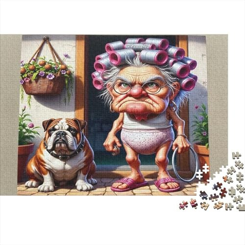 Lustige Oma mit Lockenwicklern 1000 Teile Puzzle Bunter Verdrießliche Oma Wanddekoration Entspannungs Puzzle für Männer und Frauen Herausforderndes Puzzle Puzzles für Erwachsene 70x50cm/1000pcs