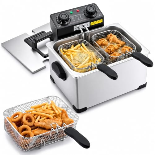 VEVOR Friteuse Électrique 5,2 L, Friteuse à Huile 2500 W, pour Frites Beignets d'Oignon Cuisine, en Acier Inoxydable, avec Paniers Grands et Petits, Thermostat, Minuterie et Protection Anti-surchauffe