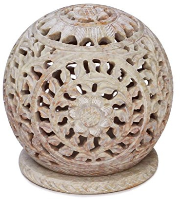 BKRAFT4U Unique Hand Carved Tealight Holder Sphere Shaped Made from Soapstone with Intricate Tendril Openwork Floral Decorative Lantern.