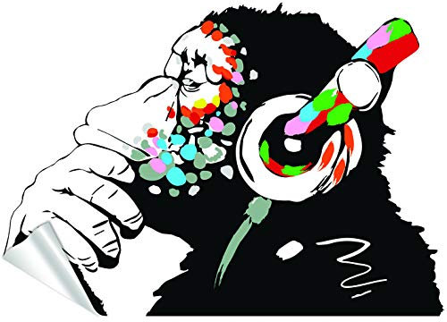 Banksy Thinking Monkey Sticker - Art Vinyl Street Dj Baksy Wandabziehbild - Kopfhörer Schimpanse Musik Denker Graffiti Wandbild - Junge Smart Decals