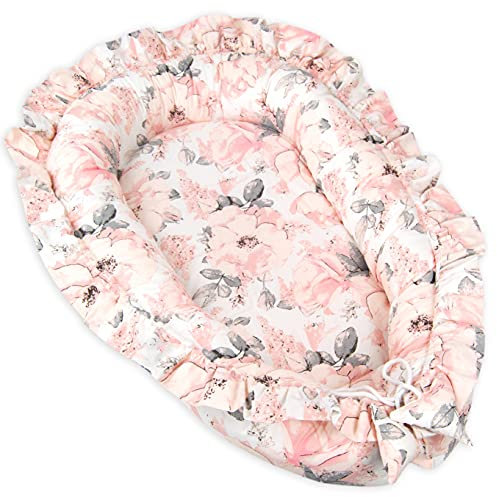 PIMKO Babynest mit rüschen Babynestchen für Baby Kuschelnest Babykokon für Säuglinge und Neugeborene 100% Baumwolle Nestchen geeignet für Zuhause 55 x 90 cm (Blume)