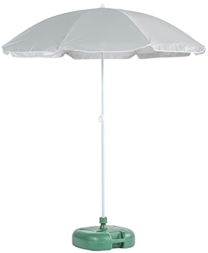 Harbour Housewares Grey Striped Beach Parasol with Base - 1.74 x 1.93m - UPF 50+ Portable Garden Umbrella with Green Base Lightweight UV Sun Protection Umbrella for Picnics, Garden and Beach Days