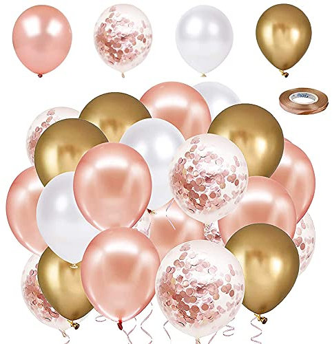 Shao hua 50 Stück Rosegold Luftballon Set mit Bändern, 12 Zoll/30cm Roségold Konfetti Ballon, Ballons, Rose/Gold/Weiß Latex Glitter Ballons für Geburtstagsfeier Hochzeit Party Valentinstag (QQ-01)