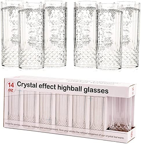 MantraRaj PK6 Clear Crystal Long Drink Glasses - Plastic Highball Whiskey Wine Champagne Flute Glasses Tumblers Drinks Cups Reusable and Durable Perfect for Parties, Weddings, Picnics Barbecues