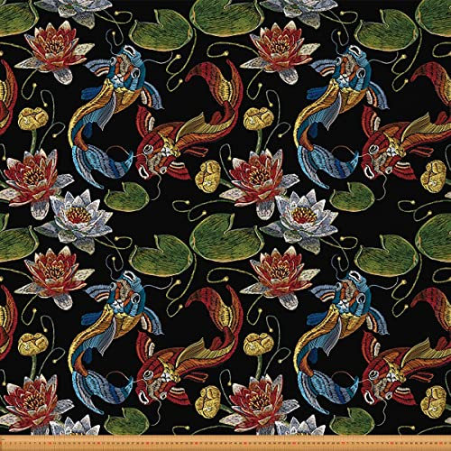 Loussiesd Orientalischer chinesischer Stoff Meterware Klassisches Stickereithema Polsterstoff für Stühle und Heimwerkerprojekte Koi Fische und Seerosen Dekorativer wasserdichter Stoff 460x150cm