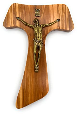 Tau-Kreuz im Olivenbaum mit Christus aus bronziertem Metall 20 x 14 cm