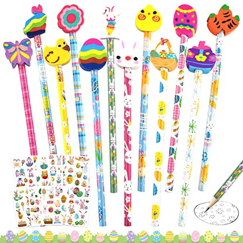 TOPJOWGA 12 Stück Ostern Bleistifte+12 Stück Radiergummi Ostern+10 Blätter Ostertattoos, HB Stifte Set, Bleistifte Kinder Stifte Ostern, Bleistift mit Radiergummi, Ostern Geschenk Kinder Mitgebsel