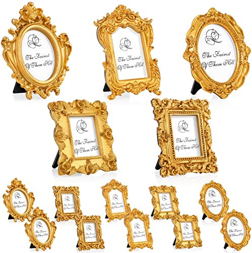 Maitys Mini-Bilderrahmen, Vintage-Stil, klein, antikes Foto, Barock, kunstvoller ovaler Rahmen, Tischdekoration, Heimdekoration, Hochzeitsdekoration, goldfarben, 15 Stück
