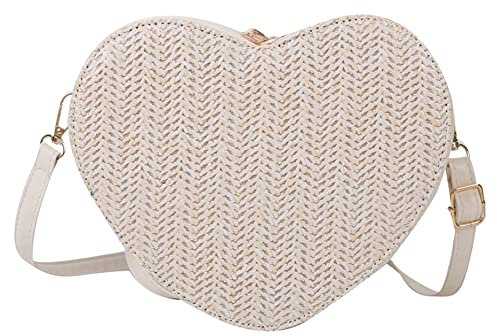 ALINUOYQ Damen Stroh-Clutch in Herzform, Rattan, gewebt, Sommer, Stroh, Strandtasche, Boho-Stil, Umhängetasche for Einkaufen, Urlaub, Reisen, weiß, 20.5x16.5x8cm