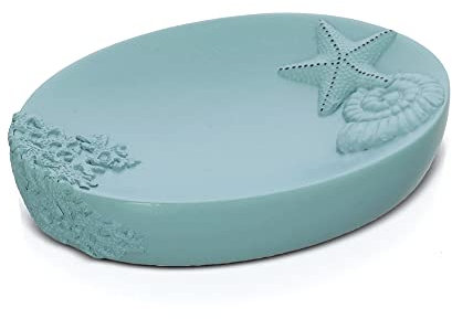 Porta Sapone Acquamarina da appoggio, piattino Multiuso in Resina con Intagli a Decoro Marino, Linea Coral