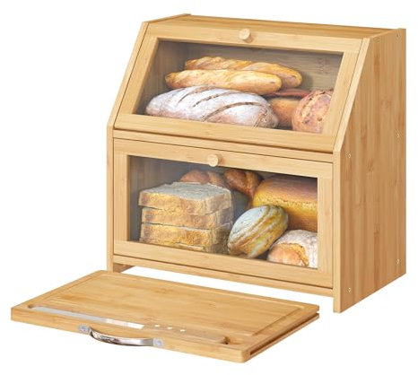 Vriccc Panera grande con tabla de cortar, panera para encimera de cocina, panera de madera de bambú (panel de puerta transparente + tabla de cortar)