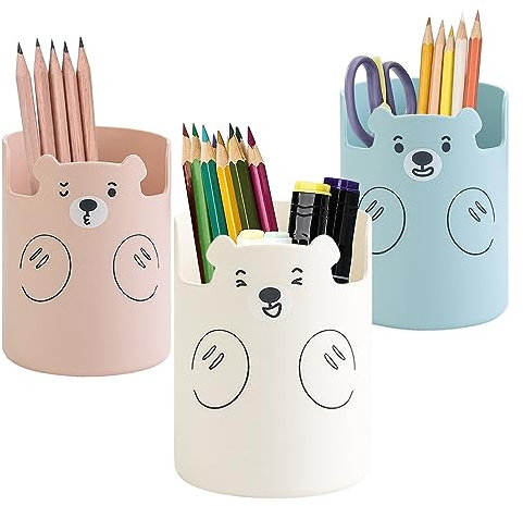 Aipeeo Bleistifthalter, 3 Stück, stifteköcher, Stiftehalter rund, Bärengestalt, Geeignet für Schulen, Wohnungen, Büros( Weiß, Rosa, Blau)