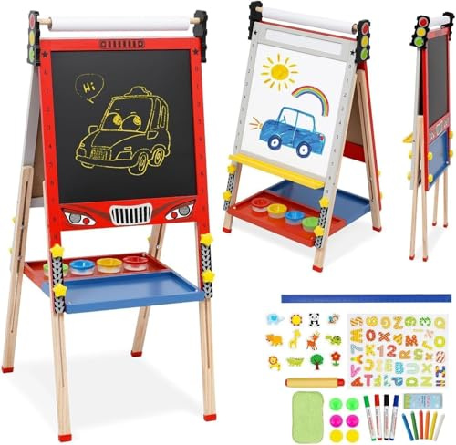 Kinder Tafel Staffelei aus Holz mit Papierrolle Kinder Holz Spielbrett Höhe Einstellbar Schöne Bogen Design Doppelseitige Whiteboard und Tafel Staffelei mit Zahlen und anderem Zubehör (Rote)