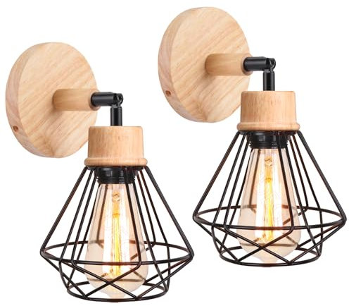 iDEGU 2 Stück Vintage Wandlampen Innen 16CM Industrial Wandleuchte aus Holz Eisen Retro Käfig Lampenschirm Verstellbare Deckenleuchte E27 Lampe für Flur Wohnzimmer Schlafzimmer Küche (Typ-D Schwarz)