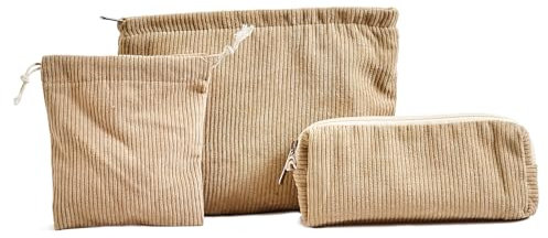 3 stück Kosmetiktasche, schminktasche klein,reißverschlüsse,kordsamt Kosmetiktasche Cord,travel Cosmetic Organizer für Damen mädchen,Khaki