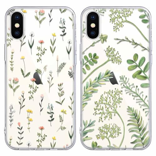 Foonary 2 Pack Clear Leaf Print Phone Case Compatible with iPhone X/XS 5.8,Soft Silicone with Flower Design Aesthetics Transparent Pattern Cases, Shockproof Bumper Protector Cover