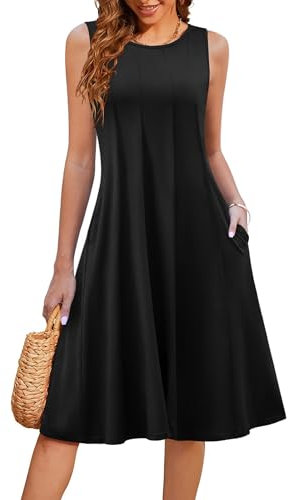 Hotouch Kleid A Linie Damen Sommerkleid Ärmelloses Sommer Midikleid Strandkleid Rundhals Tank Kleider Leicht Und Luftig Mit Taschen Schwarz S
